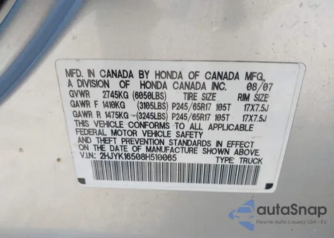 2008 Honda Ridgeline Rtl z USA, uszkodzony, nr VIN 2HJYK16508H510065